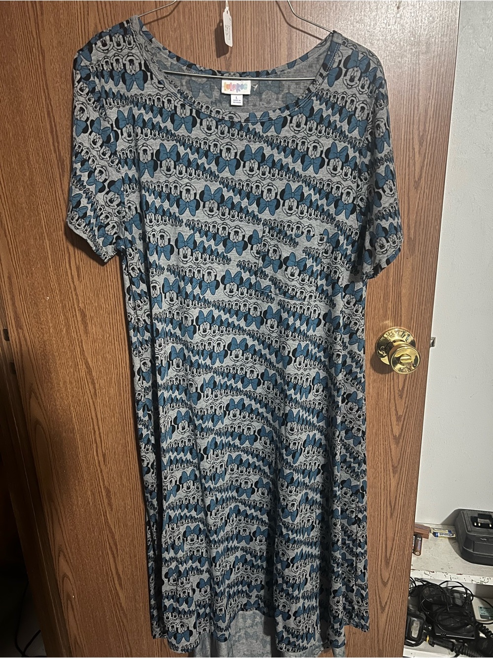 LuLaRoe Blue and Gray Disney Carly Dress with Mickey Mouse Print